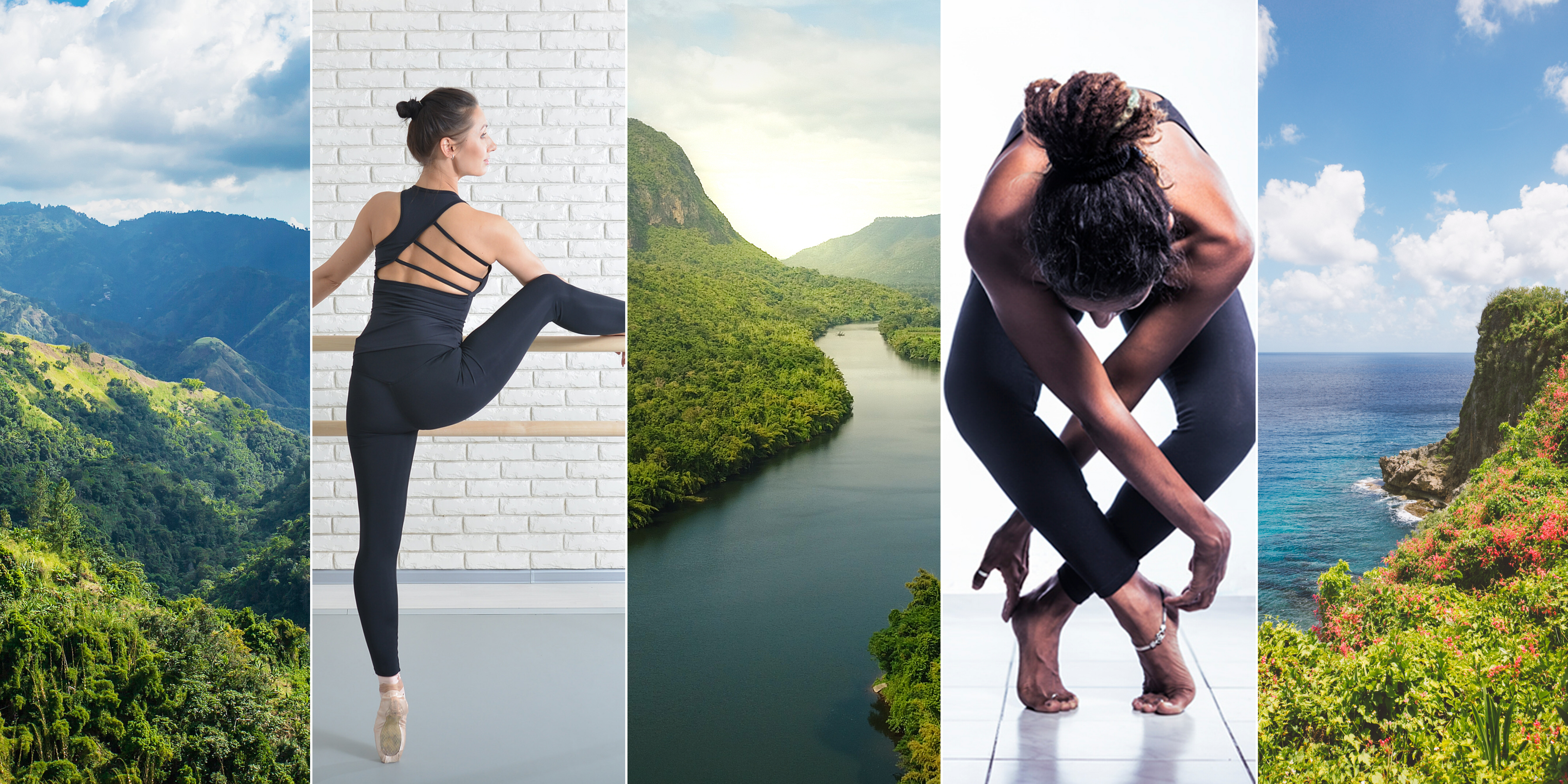 Alternating images of tranquil landscapes and women wearing black exercise attire in expressive dance and yoga poses. The scene represents balance, wellness, and intention.